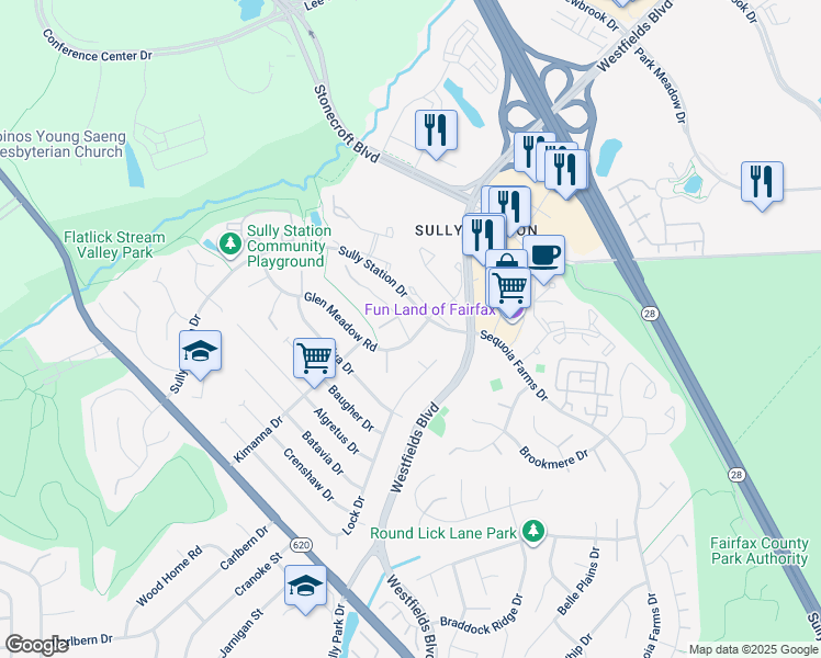 map of restaurants, bars, coffee shops, grocery stores, and more near 5204 Glen Meadow Road in Centreville