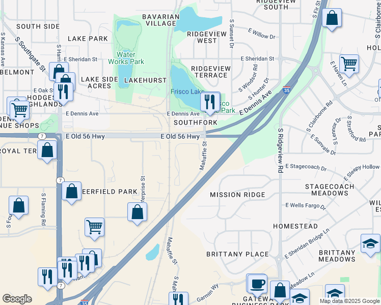map of restaurants, bars, coffee shops, grocery stores, and more near 801 U.S. 56 in Olathe