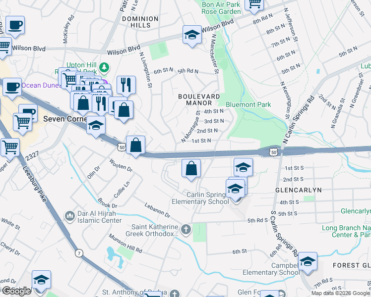 map of restaurants, bars, coffee shops, grocery stores, and more near 5945 Arlington Boulevard in Arlington