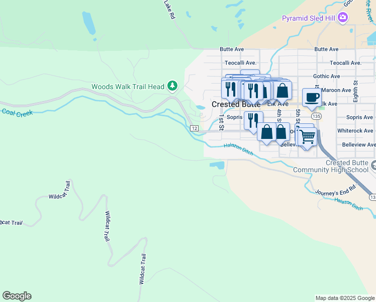 map of restaurants, bars, coffee shops, grocery stores, and more near 692 Journey's End Rd in Crested Butte