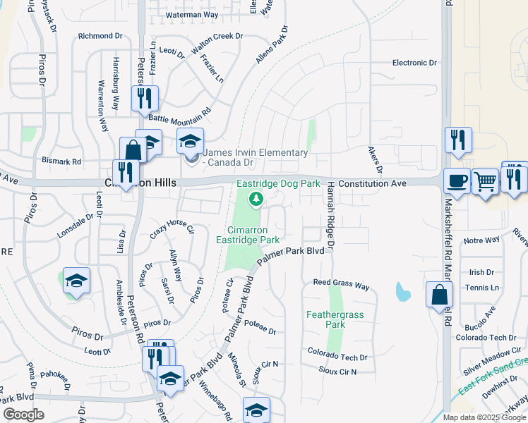map of restaurants, bars, coffee shops, grocery stores, and more near 2387 Shawnee Drive in Colorado Springs