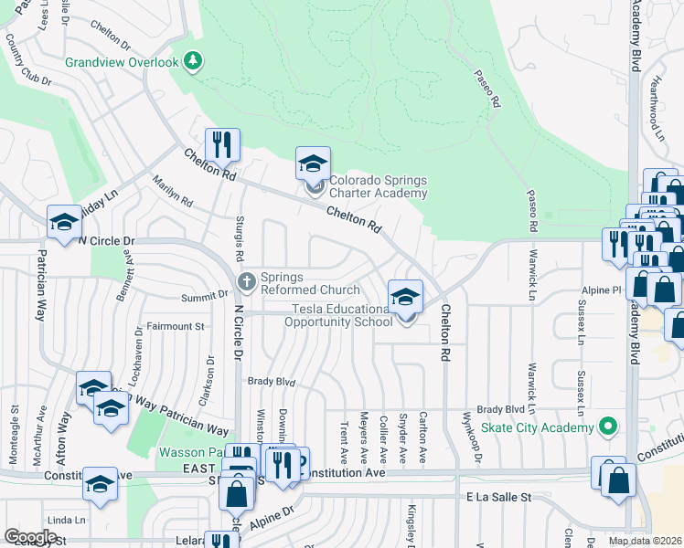 map of restaurants, bars, coffee shops, grocery stores, and more near 3034 Drakestone Drive in Colorado Springs