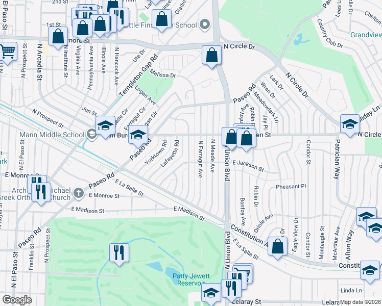 map of restaurants, bars, coffee shops, grocery stores, and more near 2412 North Logan Avenue in Colorado Springs