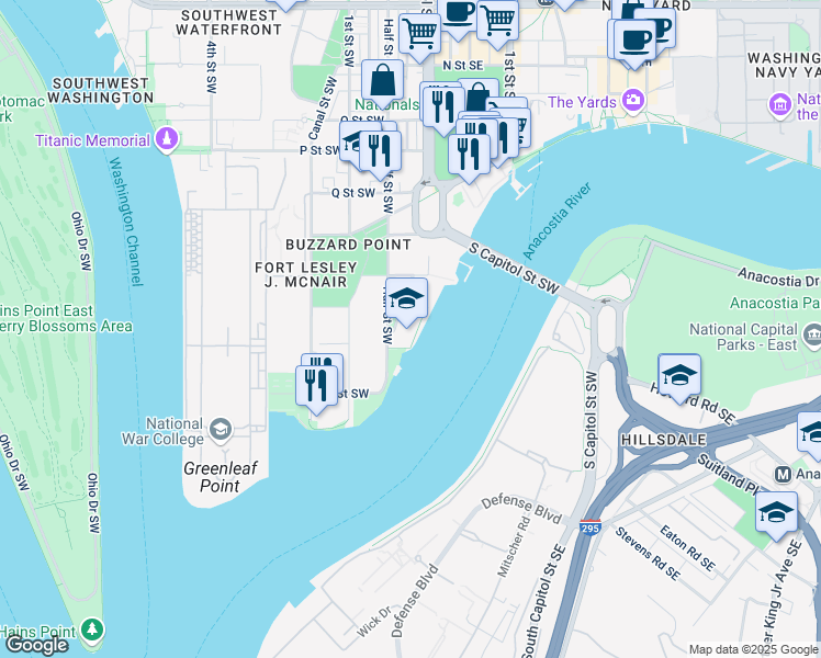 map of restaurants, bars, coffee shops, grocery stores, and more near 101 Independence Avenue Southeast in Washington