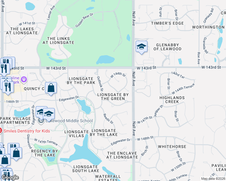 map of restaurants, bars, coffee shops, grocery stores, and more near 14421 Reeds Street in Overland Park