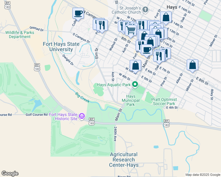 map of restaurants, bars, coffee shops, grocery stores, and more near Elm Street in Hays