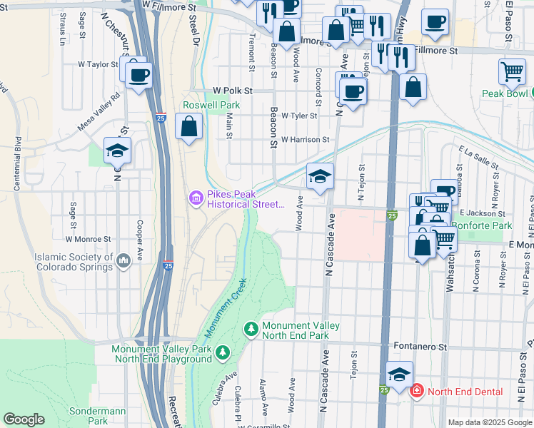 map of restaurants, bars, coffee shops, grocery stores, and more near 2326 Wood Avenue in Colorado Springs