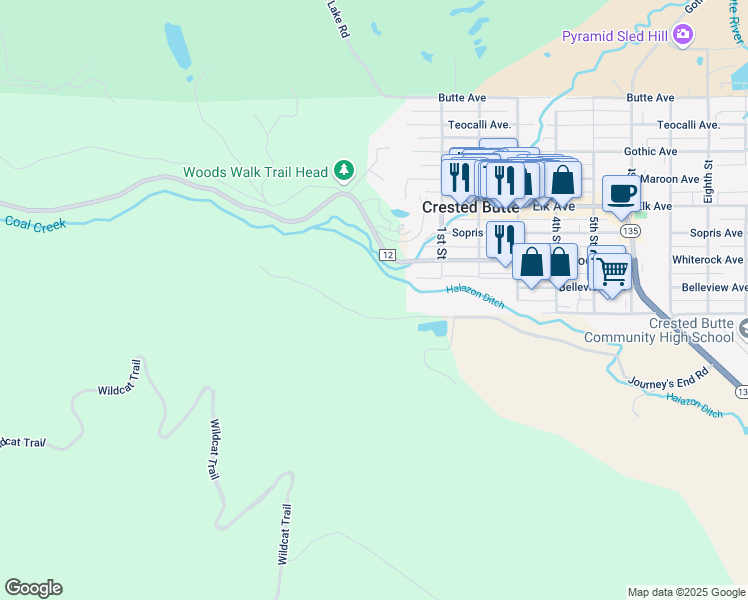 map of restaurants, bars, coffee shops, grocery stores, and more near 692 Journey's End Road in Crested Butte