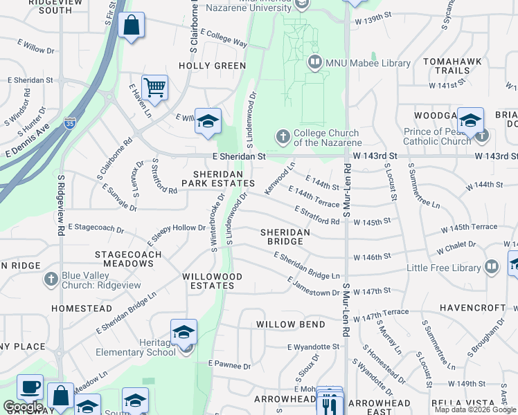map of restaurants, bars, coffee shops, grocery stores, and more near 1918 East Sunvale Drive in Olathe