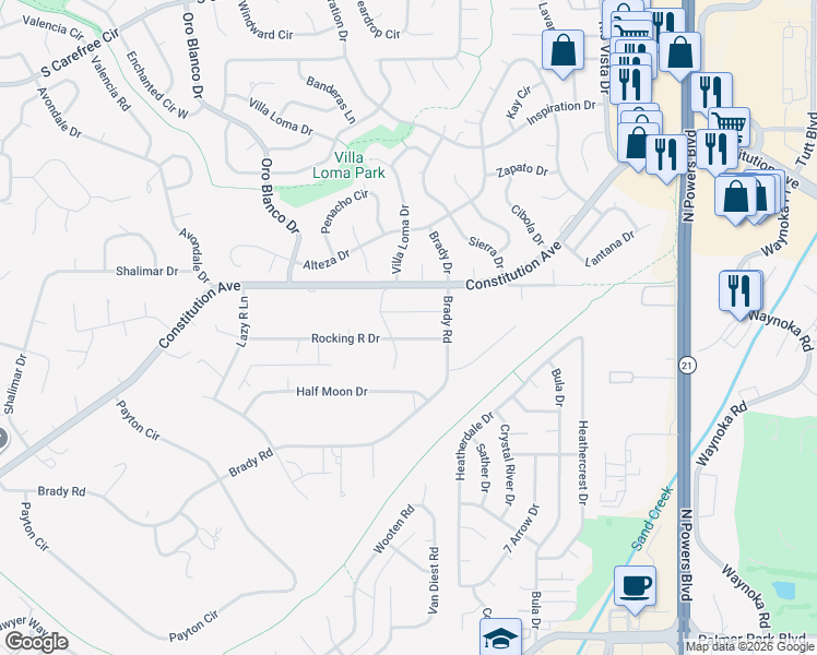 map of restaurants, bars, coffee shops, grocery stores, and more near 5210 Rocking R Drive in Colorado Springs