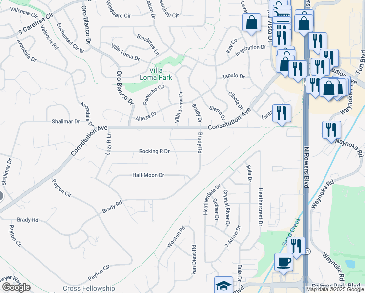 map of restaurants, bars, coffee shops, grocery stores, and more near 5210 Rocking R Drive in Colorado Springs