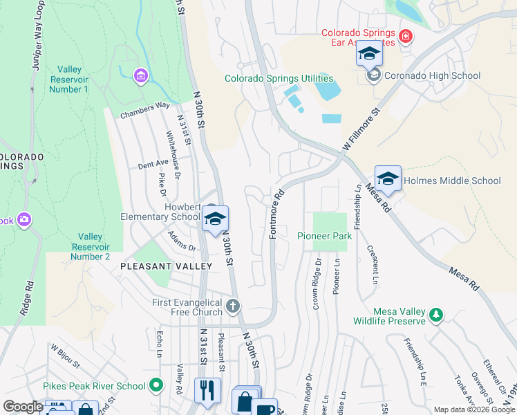 map of restaurants, bars, coffee shops, grocery stores, and more near 1000 Fontmore Road in Colorado Springs
