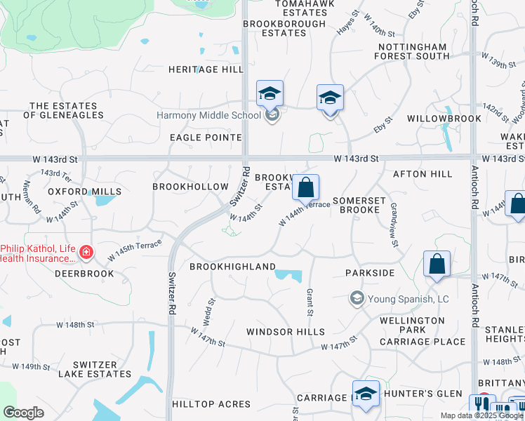 map of restaurants, bars, coffee shops, grocery stores, and more near 10001 West 144th Street in Overland Park