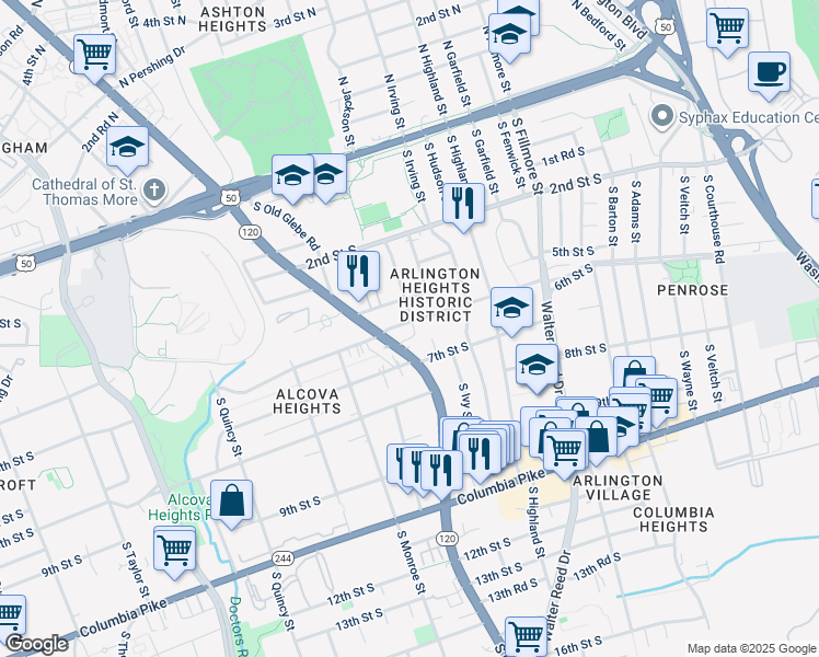 map of restaurants, bars, coffee shops, grocery stores, and more near 3300 6th Street South in Arlington