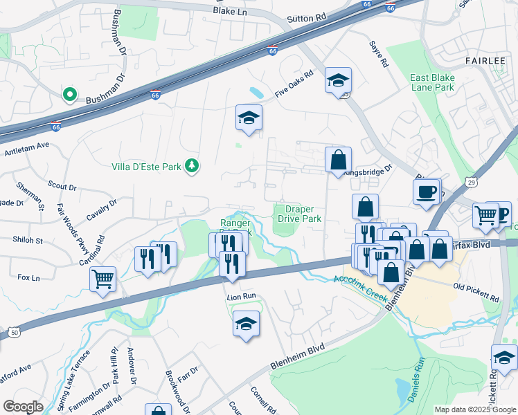 map of restaurants, bars, coffee shops, grocery stores, and more near 9700 Cardinal Road in Fairfax