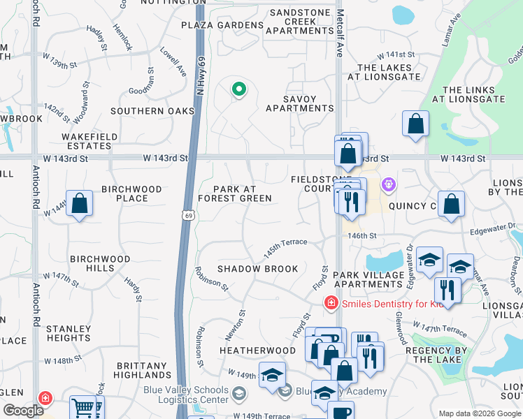 map of restaurants, bars, coffee shops, grocery stores, and more near 7613 West 144th Street in Overland Park