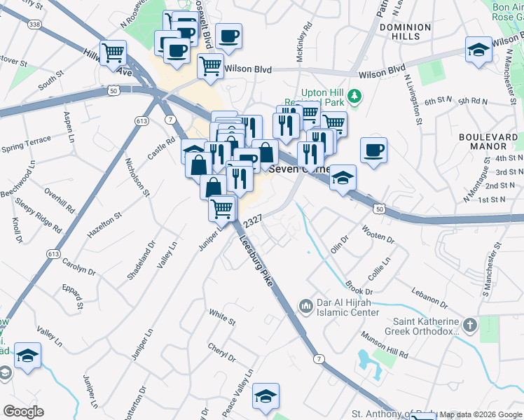 map of restaurants, bars, coffee shops, grocery stores, and more near 3062 Patrick Henry Drive in Falls Church