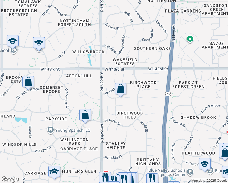 map of restaurants, bars, coffee shops, grocery stores, and more near 8509 West 144th Street in Overland Park