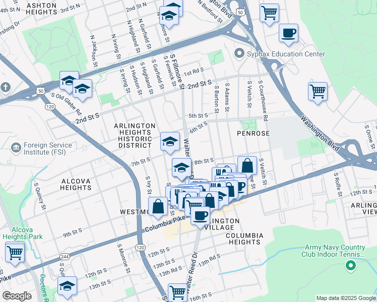 map of restaurants, bars, coffee shops, grocery stores, and more near 800 South Walter Reed Drive in Arlington