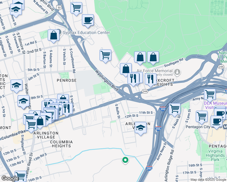 map of restaurants, bars, coffee shops, grocery stores, and more near 921 South Rolfe Street in Arlington