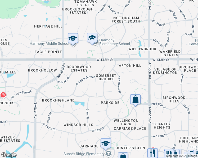 map of restaurants, bars, coffee shops, grocery stores, and more near 9401 West 144th Terrace in Overland Park