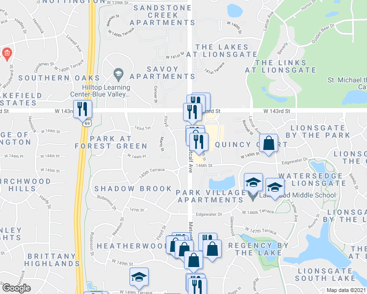 map of restaurants, bars, coffee shops, grocery stores, and more near 14424 Metcalf Avenue in Overland Park