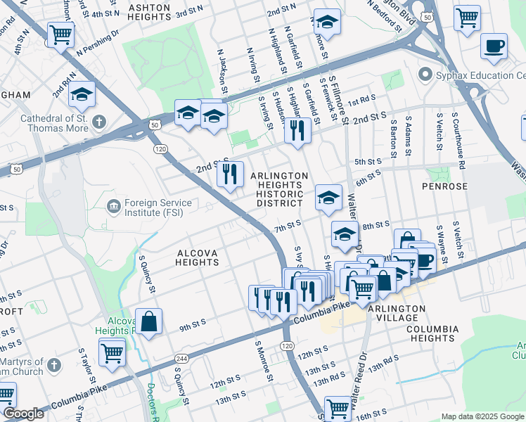 map of restaurants, bars, coffee shops, grocery stores, and more near 3300 6th Street South in Arlington