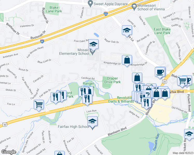 map of restaurants, bars, coffee shops, grocery stores, and more near 9700 Cardinal Road in Fairfax