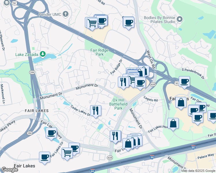 map of restaurants, bars, coffee shops, grocery stores, and more near 12288 Fort Buffalo Circle in Fairfax