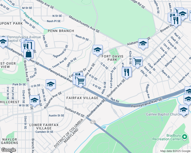 map of restaurants, bars, coffee shops, grocery stores, and more near 1672 Fort Davis Street Southeast in Washington