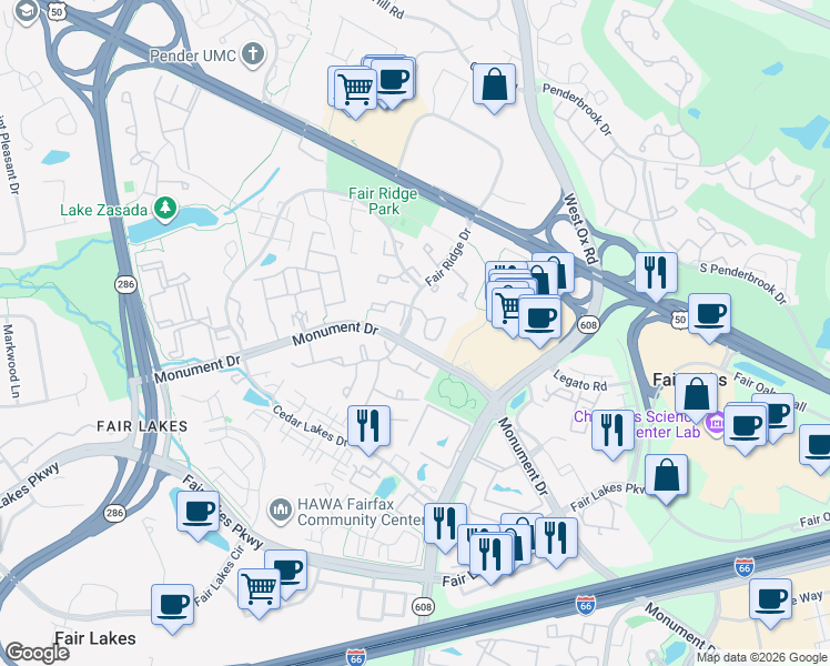 map of restaurants, bars, coffee shops, grocery stores, and more near 12288 Fort Buffalo Circle in Fairfax
