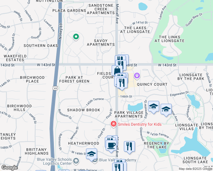 map of restaurants, bars, coffee shops, grocery stores, and more near 7215 West 144th Terrace in Overland Park