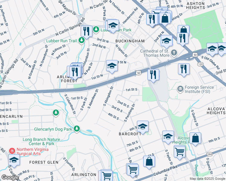 map of restaurants, bars, coffee shops, grocery stores, and more near 31 South Abingdon Street in Arlington