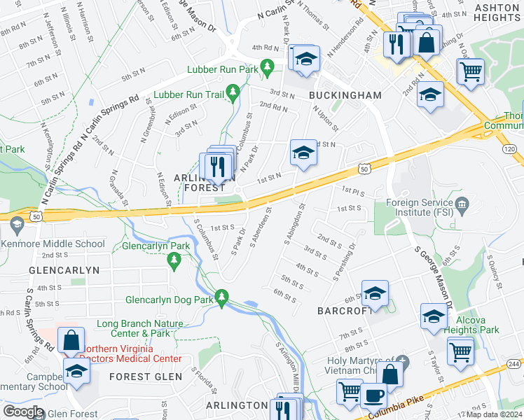 map of restaurants, bars, coffee shops, grocery stores, and more near 4754 Arlington Boulevard in Arlington