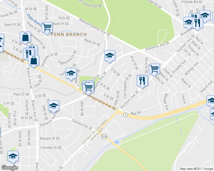 map of restaurants, bars, coffee shops, grocery stores, and more near 1672 Fort Davis Street Southeast in Washington