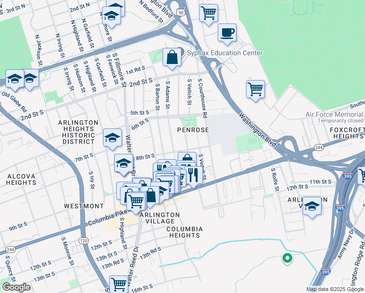 map of restaurants, bars, coffee shops, grocery stores, and more near 728 South Wayne Street in Arlington