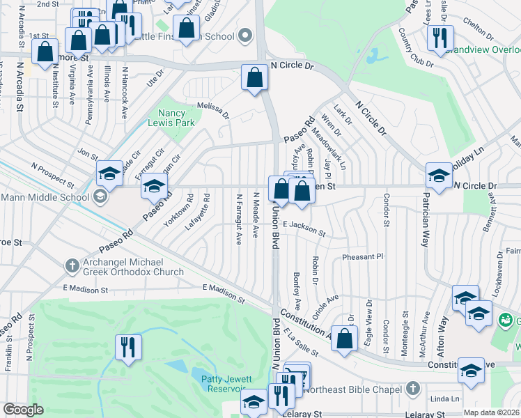 map of restaurants, bars, coffee shops, grocery stores, and more near 2404 North Union Boulevard in Colorado Springs