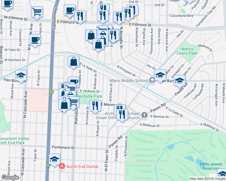 map of restaurants, bars, coffee shops, grocery stores, and more near 2337 North El Paso Street in Colorado Springs