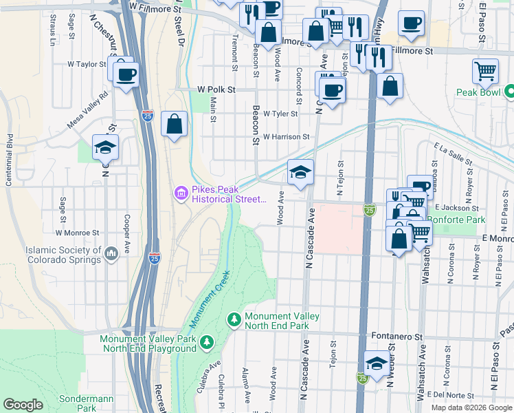 map of restaurants, bars, coffee shops, grocery stores, and more near 2326 Wood Avenue in Colorado Springs