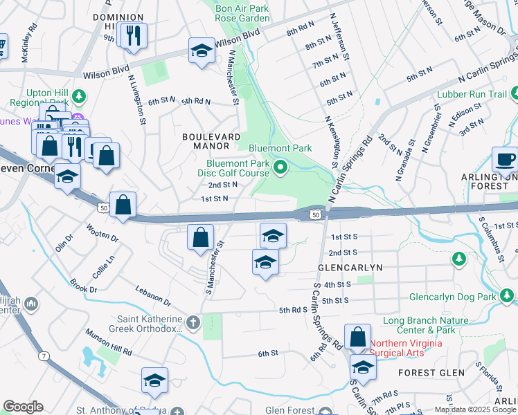 map of restaurants, bars, coffee shops, grocery stores, and more near 1 North Madison Street in Arlington