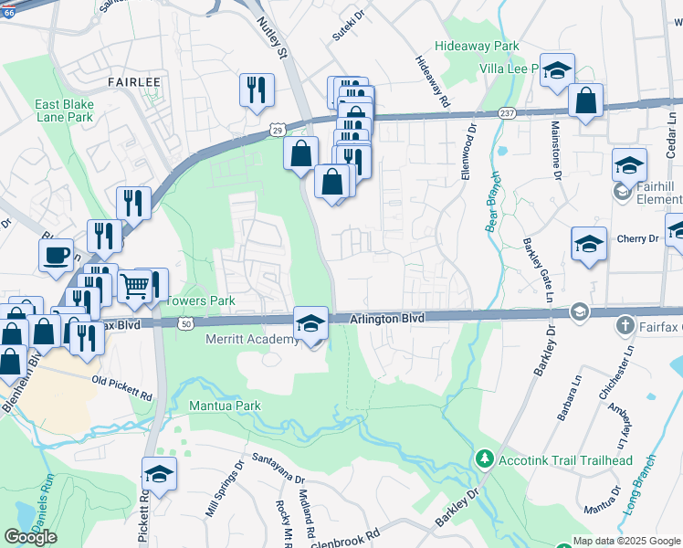 map of restaurants, bars, coffee shops, grocery stores, and more near 3112 Robert Evans Drive in Fairfax