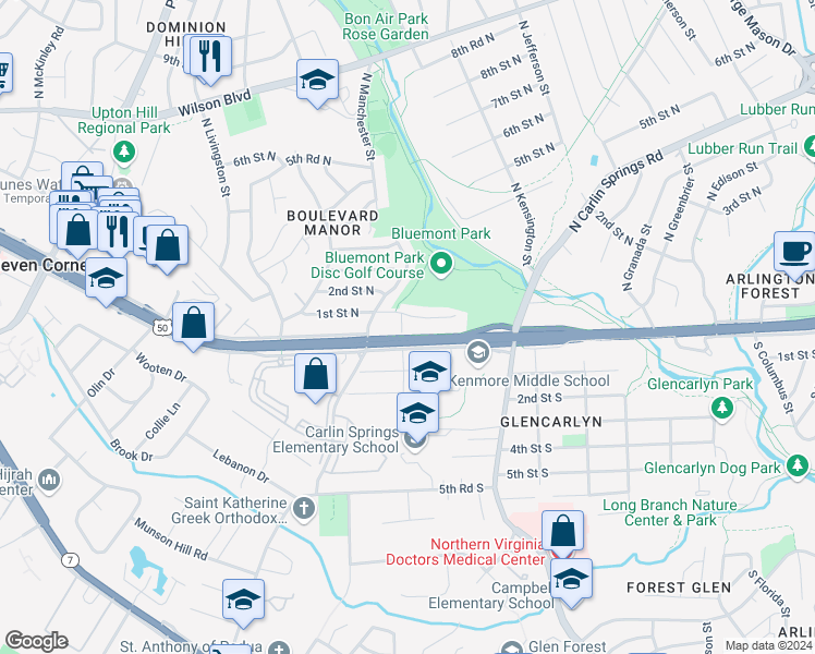 map of restaurants, bars, coffee shops, grocery stores, and more near 1 North Madison Street in Arlington