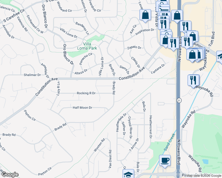 map of restaurants, bars, coffee shops, grocery stores, and more near 5226 Rocking R Drive in Colorado Springs