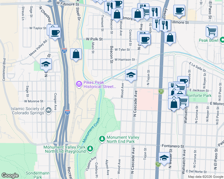 map of restaurants, bars, coffee shops, grocery stores, and more near 2326 Wood Avenue in Colorado Springs