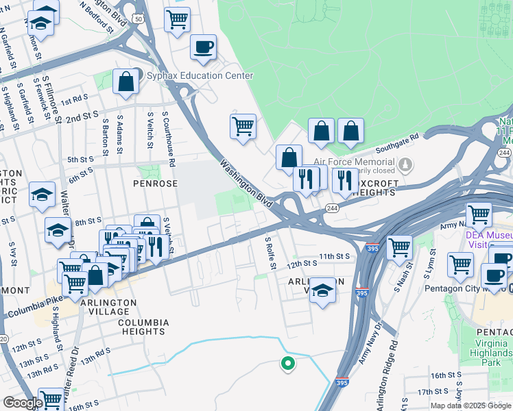 map of restaurants, bars, coffee shops, grocery stores, and more near 905 South Rolfe Street in Arlington