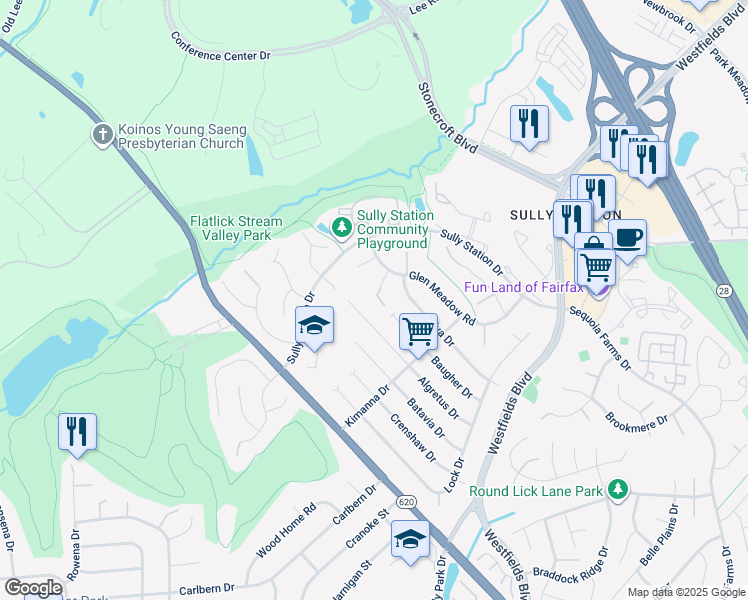 map of restaurants, bars, coffee shops, grocery stores, and more near 14708 Rabbit Run Court in Centreville