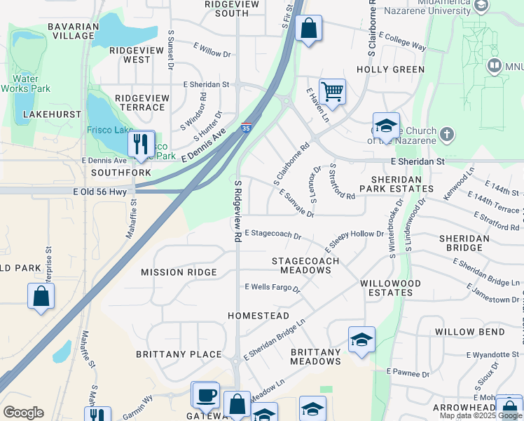 map of restaurants, bars, coffee shops, grocery stores, and more near 1111 South Clairborne Road in Olathe