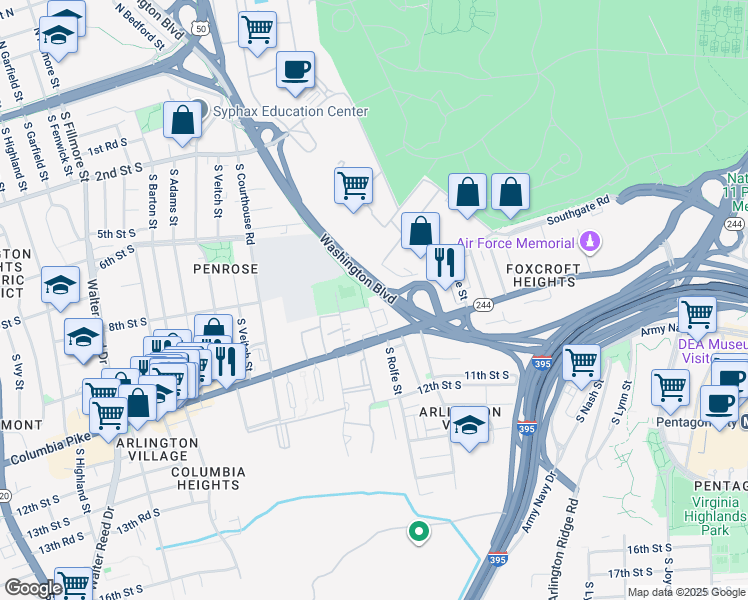 map of restaurants, bars, coffee shops, grocery stores, and more near 907 South Rolfe Street in Arlington