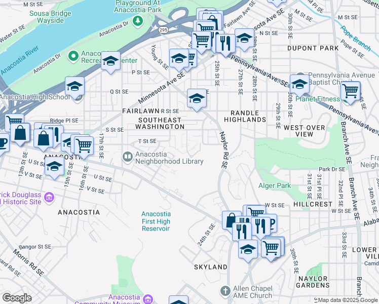 map of restaurants, bars, coffee shops, grocery stores, and more near 1823 23rd Street Southeast in Washington