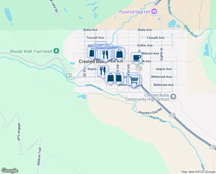 map of restaurants, bars, coffee shops, grocery stores, and more near 300 Belleview Avenue in Crested Butte